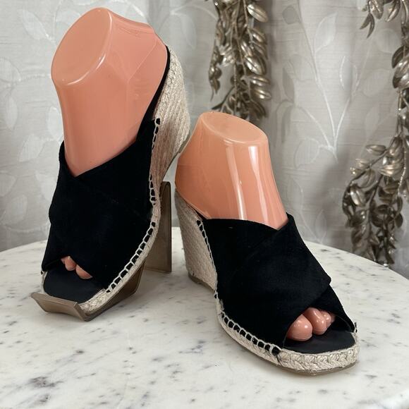 Banana‎ Republic Sandals Womens 8.5 M Slip On Wedge Espadrille Slide Black Suede - Picture 1 of 17